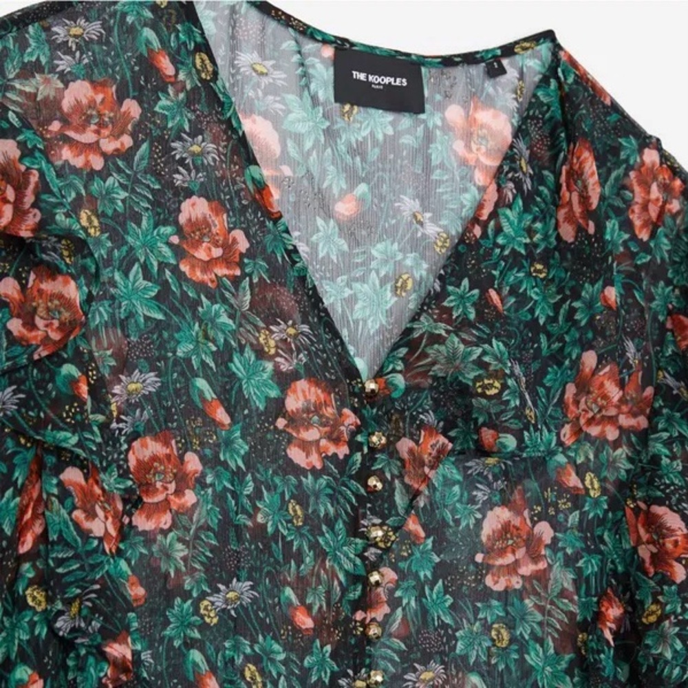 The Kooples Silk Floral Ruffle Blouse Sheer Poppy Field Print Romantic Top - Picture 3 of 12